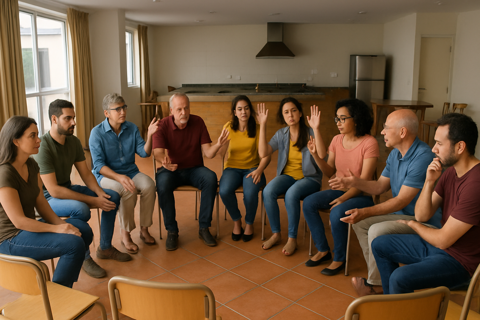 reuniao de condominio no salao de festas, cadeiras em semicirculo, pessoas adultas em discussao